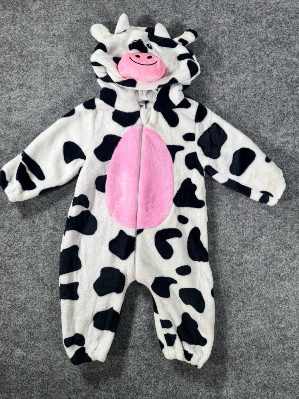 Baby Cow Farm Costume Plush Halloween Hooded One Piece Zip Romper 12-18M